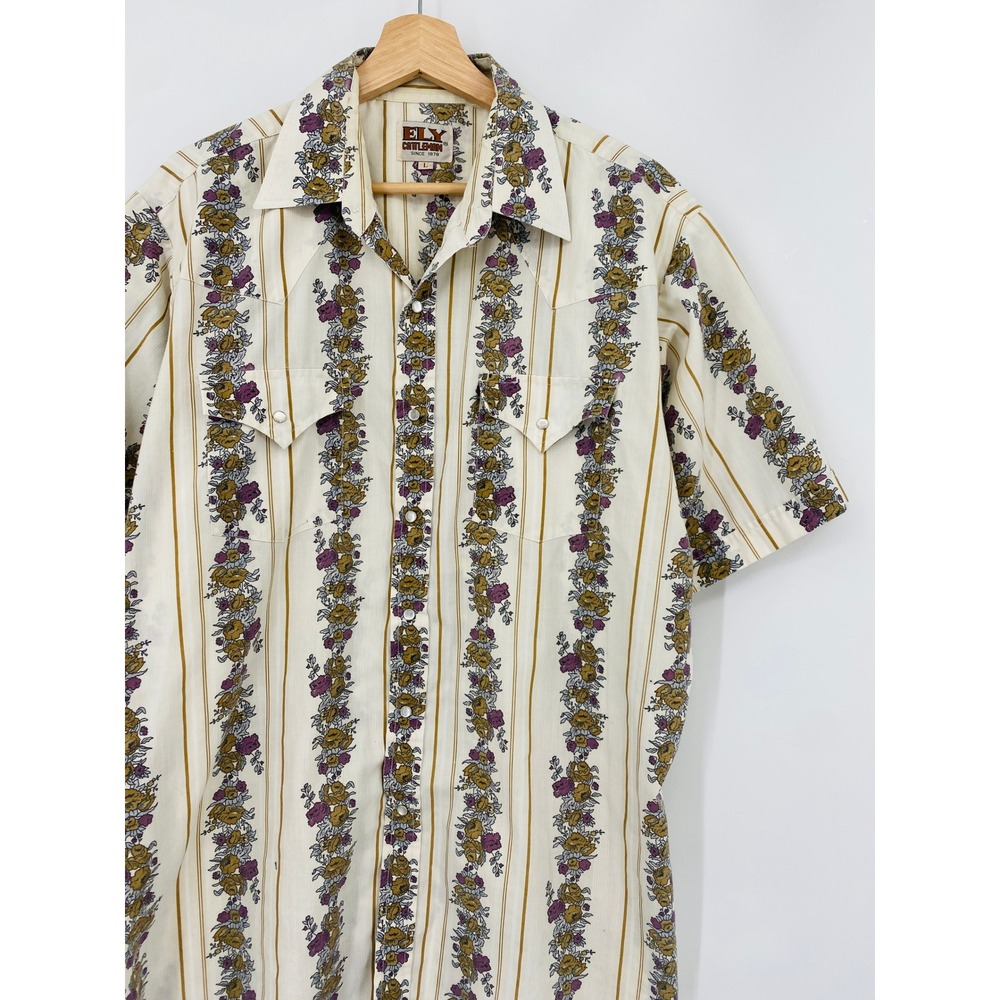 Vintage Ely Cattleman Western Shirt Cream Floral Stripe Pearl Snap Short Slv